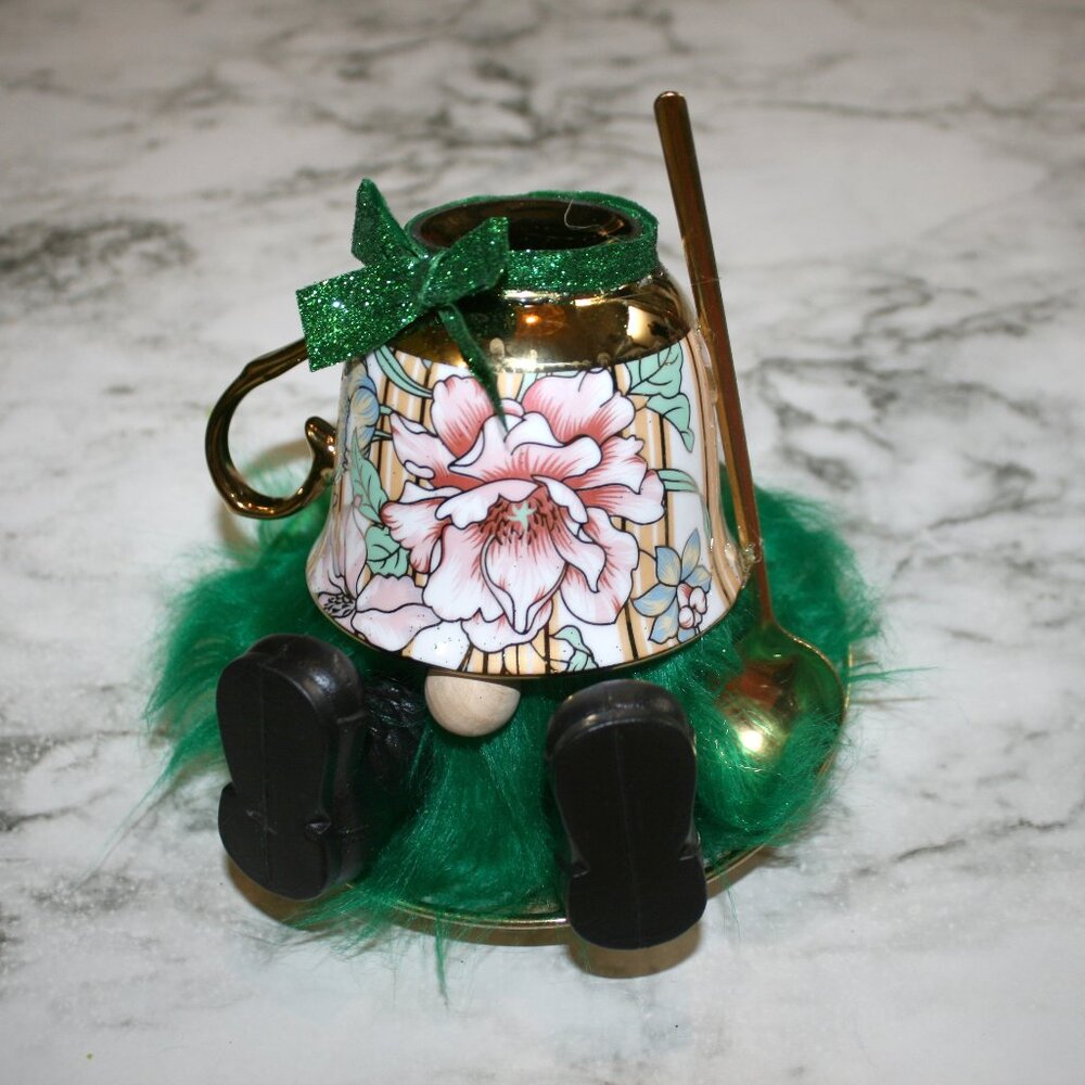 HAND CRAFTED Gnome Tea Cup and Saucer Set Floral Metallic Home Decor Green